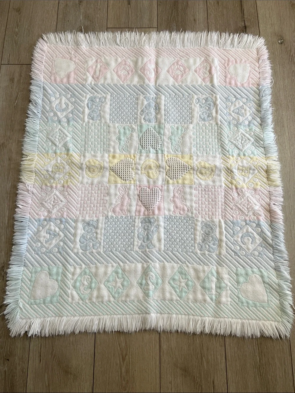 Vtg Pastel Woven Tapestry Baby Blanket Fringe Heart Bunny Bear ABC